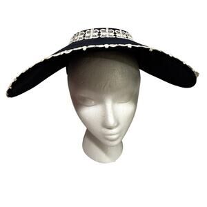 Vintage navy blue & white lace sun hat wide brim Easter Bonnet 1860s style